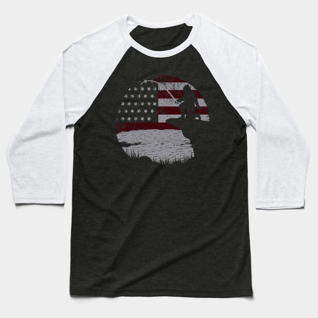 Bigfoot Fishing American Flag Baseball T-Shirt by Tesszero